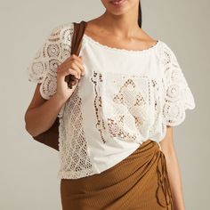 Selling A Classy Anthropologie Pilcro Heritage Cropped Hanky Tee Size Xs. Ivory Color. Never Worn, Nwt. Bundle To Save Z15 Casual White Crochet Lace Top, Cotton Crochet Top For Brunch, Chic Cotton Tops With Lace Trim, Cotton Tops With Lace Trim For Brunch, White Crochet Top For Day Out, Chic Crochet Crew Neck Top, Chic Cotton Crochet Top With Crew Neck, Cream Cotton Lace Top, Cotton Lace Top Blouse For Day Out