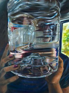 a painting of a person holding a large glass jar