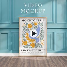 a blue wall with an advertisement for a video mockup on it and the words mockup written in black