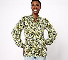 This pretty printed Liquid Knit top is oh-so flattering with blouson sleeves and a tie detail at the mock neckline. From Susan Graver. Susan Graver, Mock Neck Top, Mock Neckline, Mock Neck, Neck Tie, Knit Top, Top Blouse, Tops & Tees, Knitting