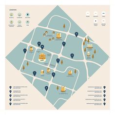 a map showing the location of several buildings and locations in different areas, including trees