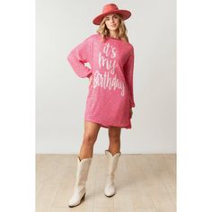 Birthday Behavior Long Sleeve Sequin Dress in Pink Hey Queen! You'll be on your best birthday behavior in this sparkly sequin dress! Featuring long sleeves, perfect for cooler weather, you will be good to go this cool season. Buy the dress that is fit for a queen, and shine bright on your birthday! <3  Item Deets: "It's my birthday" front lettering Round neck Long sleeves Model is wearing size small Oversized fit Size Chart Small: 2-6 Medium: 6-12 Large: 12-16 Shop all your favs + all the new at Winter Long Sleeve Birthday Dresses, Long Sleeve Winter Dress For Birthday, Long Sleeve Winter Dresses For Birthday, Long Sleeve Sequin Glitter Dress For Party Season, Spring Long Sleeve Birthday Dress, Long Sleeve Spring Birthday Dress, Long Sleeve Dresses For Spring Birthday, Long Sleeve Summer Birthday Dress, Fall Long Sleeve Sequin Glitter Dress