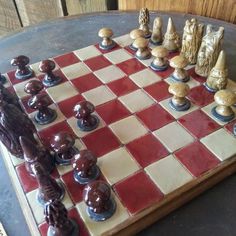 a chess board with many pieces on it