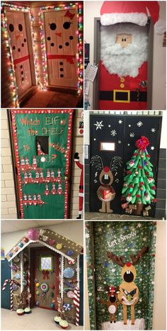 christmas door decorations are shown in four different pictures