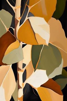 an abstract painting of leaves on a black background