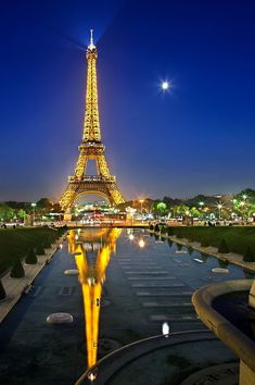 the eiffel tower lit up at night with its lights on and reflecting in the water