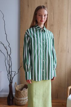 Green Striped Shirt for Women Long Sleeve Blouse Oversized Button Down Shirt Luxurious Shirt With Pockets Cotton Shirt - Etsy Ukraine Oversized Striped Collared Blouse, Green Oversized Long Sleeve Shirt, Oversized Green Long Sleeve Shirt, Oversized Green Cotton Blouse, Green Blouse With Button Cuffs And Spread Collar, Casual Green Blouse With Spread Collar, Oversized Collared Shirt With Buttons, Green Shirt With Relaxed Fit And Spread Collar, Green Blouse With Button Cuffs For Daywear