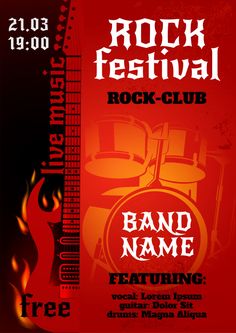 an event poster for rock festival with flames and drums on red, black and white background