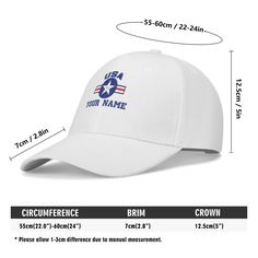 * High quality cotton twill cloth for casual baseball caps * Embroidered on total foru sides or only on front/ back/left/right side * Adjustable double-breasted PVC closure on the back to fit * Dimension : Hat circumference 55-62cm / hat height 12.5cm / hat brim 7cm * Stylish and can modify the face shape, fashionable and versatile * Suitable for daily and outdoor activities, also as a gift to friends, family, etc. CARE INSTRUCTIONS: Regular washing just dry it to get rid of the smell. & It is r Patriotic White Baseball Cap With Curved Bill, Patriotic White Curved Bill Baseball Cap, White Patriotic Baseball Cap With Flat Bill, White Patriotic Flat Bill Baseball Cap, Custom Logo Cotton Baseball Cap, Customizable White Cotton Baseball Cap, White Patriotic Baseball Cap With Curved Brim, Customizable Cotton Baseball Cap With Curved Bill, White Patriotic Snapback Hat With Flat Bill