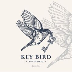 a bird flying with a key in its beak