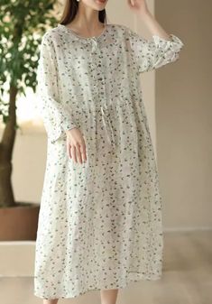 Gender: Women Item Type: Midi A- Line Dress Sleeve Length: 3/4 Sleeves Neck Type: Round Neck Material: Linen Season: Summer Style: Casual, Loose One Size Length: 117 cm/ 46.06 " Bust: 112 cm/ 44.09 " Shoulder Width: 41 cm/ 16.14 " Sleeve Length: 41 cm/ 16.14 " Cream Long Sleeve Midi Dress With Floral Print, Long Sleeve Cream Floral Midi Dress, Long Sleeve Cream Midi Dress With Floral Print, White Casual Maxi Dress With 3/4 Sleeves, Casual White Maxi Dress With 3/4 Sleeves, Long Sleeve Floral Print Maxi Dress In Relaxed Fit, Cream Cotton Midi Dress With Long Sleeves, Long Sleeve Cotton Pastoral Dress, Cream Long Sleeve Cotton Midi Dress