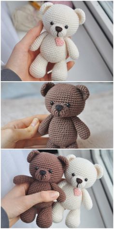 there are three pictures of stuffed animals being held by someone's hand and the second photo is showing how to crochet them