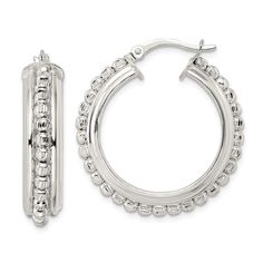 Sterling silver polished and diamond-cut detailed beaded hoop earrings. Measure approximately 1 3/16"L x 1 1/16"W and have wire and clutch closures. Silver Hoop Earrings With Silver Beads, Elegant Hoop Earrings With Faceted Beads, Hoop Earrings With Silver Beads, Silver Beaded Hoop Earrings In Sterling Silver, Silver Sterling Beaded Hoop Earrings, Silver Beaded Sterling Silver Hoop Earrings, Elegant Sterling Silver Hoop Earrings With Round Beads, Hinged Hoop Metal Jewelry, Beaded White Gold Round Jewelry