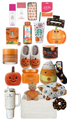 the contents of a pumpkin themed holiday gift box are arranged on top of each other