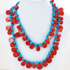 Double strands of Turquosie & Red Coral necklace GemStone Type ---  Turquosie & Red Coral Color: Please see photo,  Red and Blue Size: Turquoise and Red Coral beads size from 4 mm to 21 mm, necklace length 17 & 22 inch. (26mm=1in), Others: Double strands necklace. Weight:  6 oz. It is the newest fashion Jewelry, good shinning surface quality.             Ny6Designs Inc. We located in the Southern State of TEXAS; DALLAS, U.S.A. We import and wholesale all semi-precious stone beads: Agate, Amazonite, Amber, Amethyst, Aquamarine, Azurite, Bronzite, Carnelian, Chalcedony, Chrysoprase, Citrine, Coral, Garnet, Jade, Jasper, Kyanite, Labradorite, Lapis, Malachite, Mookaite, Onyx, Opal, Pearls, Prehnite, Porcelain, Quartz, Rhodochrosite, Rhodonite, Ruby, Zoisite, Serpentine, Turquoise¡­¡­ We have Coral Red Multi-strand Beaded Necklaces, Red Multi-strand Coral Beaded Necklaces, Hand-strung Red Coral Jewelry In Coral Color, Elegant Multi-strand Red Coral Jewelry, Multi-strand Red Coral Necklace, Red Coral Necklace, Artisan Jewelry Necklaces, Double Strand Necklace, Toggle Necklace