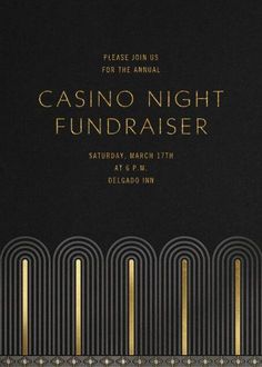 the casino night fundraiser flyer is shown in gold and black with an art deco design