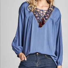 Embroidery Peasant Top Set With V-Neck Lace Tassel. This Has A Loose Fitting Wear. Super Comfortable. 100% Rayon. Hand Wash Cold. Price Firm Unless Bundled With 2 Or More For 10% Discount. Casual Blue Embroidered V-neck Top, Blue V-neck Top With Floral Embroidery, Embroidered V-neck Peasant Top For Fall, Fall Embroidered V-neck Peasant Top, Blue Bohemian V-neck Tops, Blue Casual Embroidered V-neck Top, Blue V-neck Embroidered Top With Floral Details, Blue Peasant V-neck Top, Blue Bohemian V-neck Blouse