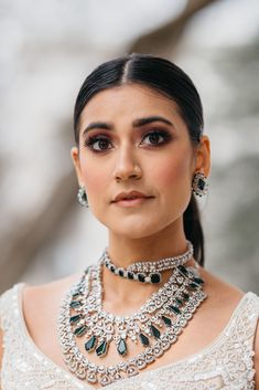 Ashma Bridal Set - Multilayer rhodium-plated silver finish with emerald green stones Emerald Green Stone, Ear Chain, Accessories Ear, Chandbali Earrings, Green Stones, Multi Layer Necklace, Choker Necklace Set, Jhumka Earrings, Layered Necklace