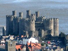 an aerial view of a castle with water in the back ground and buildings around it