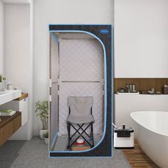 a bathroom with a chair in the middle of it and a bathtub next to it