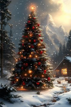 a christmas tree in the middle of a snowy forest with lights on it and mountains in the background