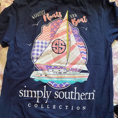 Simply Southern Size Small Whatever Floats Your Boats Casual Navy Summer T-shirt, Navy Cotton T-shirt For Spring, Navy Crew Neck T-shirt For Spring, Navy Casual T-shirt With Screen Print, Casual Navy T-shirt With Screen Print, Patchwork Tshirt, Simply Southern Shirts, Southern Tshirts, Simply Southern Tees