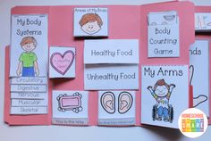 a pink bulletin board with pictures of food and words that read, my body systems