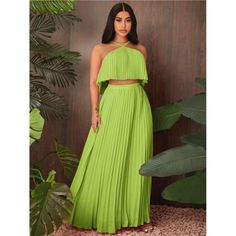 -Item Id 30998267 -Color: Lime Green -Style: Boho -Pattern Type: Plain -Details: Backless, Criss Cross, Pleated -Skirts Length: Long -Tank Tops & Camis Length: Short -Neckline: Halter -Skirts & Tank Tops & Camis Material: Woven Fabric -Skirts & Tank Tops & Camis Composition: 100% Polyester -Skirts & Tank Tops & Camis Lining: 100% Polyester -Care Instructions: Machine Wash Or Professional Dry Clean **Open To Offers!!!** **Bundle To Save More** **30% Off Bundles Of 2 Or More Items!!** ***Orders Go Green Ruffled Maxi Skirt For Party, Chic Pleated Skirt Sets For Spring, Chic Green Ruffled Maxi Skirt, Pleated Maxi Skirt For Summer Night Out, Chic Spring Sets With Pleated Skirt, Chic Green Solid Color Sets, Green Skirt Set For Spring Party, Green Summer Party Maxi Skirt, Green Skirt Set For Summer Party