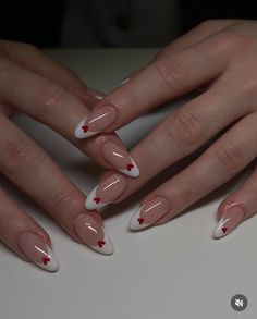 Cute Nail Extension Designs, Nail Ideas Tips, French Nails Heart Design, White Nails With Red Accent, Aesthetic French Tip Nails, Red Nail White French Tip, Trendy Nails Almond, Almond Nails Inspiration, Almond Nail Red French Tip