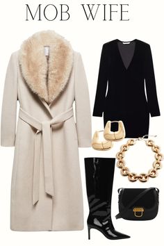 Beige fur coat, black dress, black boots Mob Wife Halloween, Italian Mob Wife Style, 70s Mob Wife Aesthetic, Mob Girl Aesthetic, Italian Mob Wife Outfit, Mob Wife Aesthetic Outfit 2024, Mob Wife Aesthetic Hair, Mob Wife Aesthetic Makeup, Gangster Wife Aesthetic