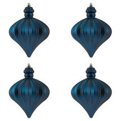 three blue ornaments hanging from the ceiling