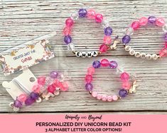 These Unicorn Bead Kits are the cutest for your little crafters! These kits are perfect for Unicorn Birthday Party favors, stocking stuffers, and birthday gifts! Please READ the following carefully. This Unicorn Bead Kit features the following: Unicorn Acrylic Bead Mix Letter Beads for Child's name Elastic Beading Cord Unicorn charm with Jump ring  3 Alphabet Letter Color Options: -Black Letters -Gold Letters -Pink Letters Easy to order! 1.) Select the size you need from the drop down menu 2.) S Playful Beaded Bracelets With Letter Beads For Party Favors, Name Bracelet Diy, Playful Letter Beads Craft Supplies For Gifts, Kawaii Letter Beads Jewelry For Gift, Beaded Unicorn, Unicorn Beaded Bracelet, Unicorn Bracelet, Pink Letters, Anniversary Ornament