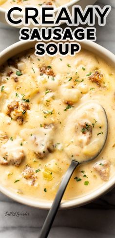 creamy sausage soup in a white bowl with a spoon on the side and text overlay