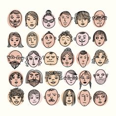 a group of people's faces drawn in different styles and sizes, including one with glasses