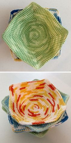 crocheted bowls with different colors and patterns are shown in the same pattern as they appear