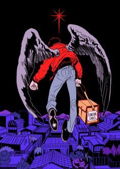 an image of a man with wings on top of a city at night, holding a box