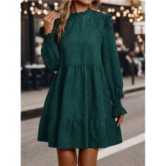 -Item Id 43698811 -Details: Ruffle, Frill, Ruffle Hem, Shirred -Neckline: Stand Collar -Sleeve Type: Flare Sleeve -Style: Cute -Type: Smock -Waist Line: High Waist -Hem Shaped: Flounce -Color: Dark Green -Pattern Type: Plain -Sleeve Length: Long Sleeve -Length: Short -Fit Type: Regular Fit -Fabric: Non-Stretch -Material: Woven Fabric -Composition: 100% Polyester -Care Instructions: Machine Wash Or Professional Dry Clean -Sheer: No **Open To Offers!!!** **Bundle To Save More** **30% Off Bundles O Green A-line Mini Dress For Winter, Winter Knee-length Mini Dress With Ruffle Hem, Casual Green Dress With 3/4 Sleeves, Green Knee-length Mini Dress With Ruffle Hem, Green Stretch Sweater Dress Knee-length, Ruffle Bodycon Dress, Dress Autumn, Cute Doll, Flower Print Dress