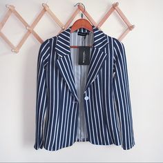 Nwt Pretty Little Thing Striped Blazer Blue And White Striped Versatile/ Easy To Style One Button Closure Great Condition Two Small Flaws On Last Pictures(Not Noticeable) Always Open To Offers Typically Ship Same Day Or Next Us 6 Uk 10 Casual Blue Blazer For Office, Casual Blue Blazer For Office Wear, Striped Blazer With Buttons, Chic Striped Summer Blazer, Trendy Summer Blazer With Buttons, Trendy Summer Blazer, Trendy Blue Blazer With Button Closure, Trendy Striped Blazer For Spring, Casual Striped Blazer With Button Closure