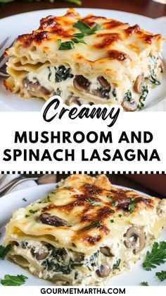 Creamy Mushroom and Spinach Lasagna Recipe - Best Vegetarian Comfort Food Mushroom Walnut Lasagna, Wild Mushroom Lasagna, Hearty Vegetarian Dinner, Creamy Spinach Mushroom Lasagna, Creamy Veggie Lasagna, Spinach Lasagne Recipes, Creamy Spinach And Mushroom Lasagna, Mushroom Spinach Recipes, Spinach Mushroom Recipes