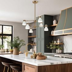 a kitchen with green cabinets and marble counter tops, an island in the middle is surrounded by bar stools