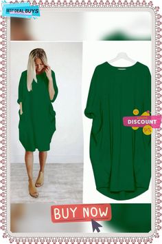 Women's Casual Loose Pocket Long-sleeved Plus-size Dress Spring Crew Neck Dress With Pockets, Green Half Sleeve Fall Dresses, Green Half Sleeve Dress For Fall, Solid Color Long Sleeve Shift Dress, Green Crew Neck Dress, Long Sleeve Shift Dresses In Solid Color, Solid Color Shift Dress With Long Sleeves, Casual Oversized Half-sleeve Dress, Casual Oversized Half Sleeve Dress