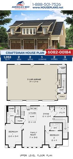 two story house plan with garage and living room in the middle, an open floor plan for