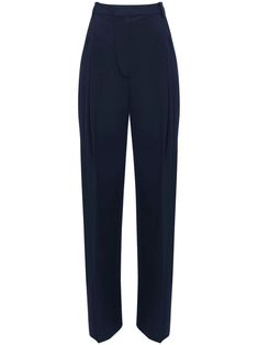 navy blue stretch-design pressed crease belt loops concealed front fastening two side slit pockets two rear jetted pockets tailored cut Navy Blue Trousers, Victoria Beckham Outfits, Classic Trousers, Blue Trousers, Tailored Trousers, Formal Wear, Victoria Beckham, Bottoms Pants, Womens Bottoms