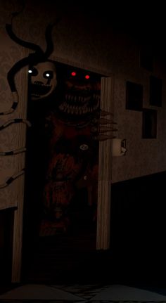 a creepy looking door with two glowing eyes and a scary monster head on it's side