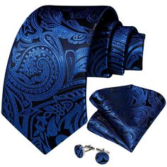 FEATURES Beautiful Eye-Catching Design High-Density Durable Fabric Perfect for Daily Dress, Business, Office, Meeting, Birthday, Wedding, Engagement, Ball Party and More Occasion. Comes in protective and simple packing, easy to wrap and ready to gift WHAT YOU GET Matching Necktie Matching Cufflinks Matching Pocket Square SPECIFICATIONS Material: 100% Jacquard Woven Silk Density of 1200 stitches Designer: Italian Necktie Size: 59.06''(150cm) in length and 3.35''(8.5cm) in width Handkerchief Size: Vest Tuxedo, Royal Blue Tie, Pocket Square Size, Formal Tie, Tuxedo Shirt, Mens Silk Ties, Tuxedo Shirts, Cufflink Set, Men's Tie