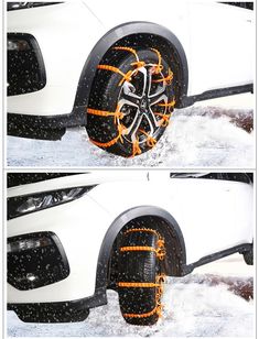 the front and rear wheels of a white car covered in snow with orange ropes on it