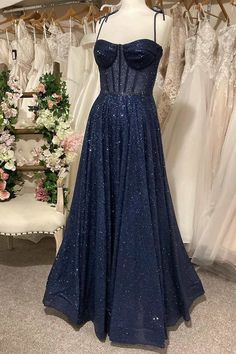 A Line Navy Dress, Navy Blue Hoco Dress Long, Prom Dresses Navy Blue Long, Dark Blue Prom Dress Corset, Sparkly Midnight Blue Dress, Sparkly Navy Blue Prom Dress, Sparkling Blue Dress, Midnight Blue Prom Dress Aesthetic, Midnight Garden Theme Prom Dresses