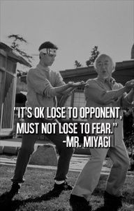 two older men practicing martial moves in the yard with a quote from mr miyagi