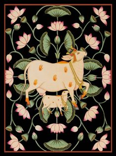 an intricately decorated painting with flowers and leaves on black background, depicting a cow and her calf