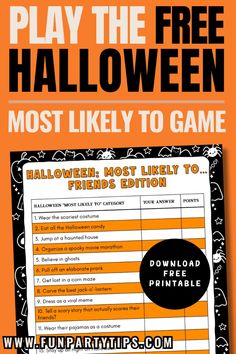 a halloween party game with the words play the free halloween most likely to game on it